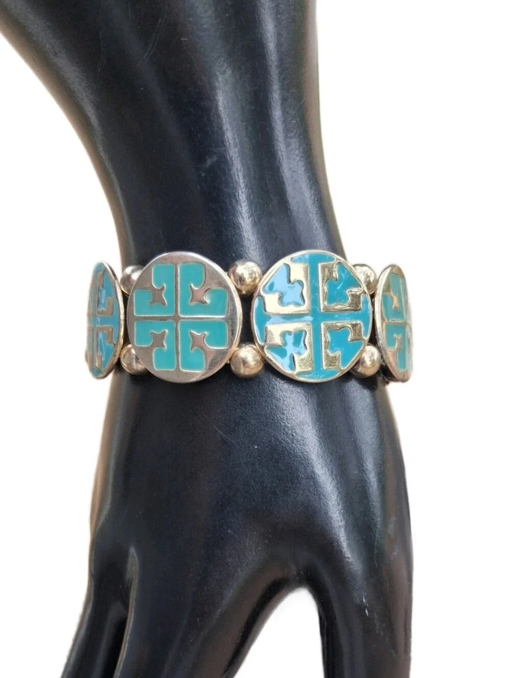 Rustic Cuff Turquoise Enamel Cross Logo Stretch Bracelet Gold Tone